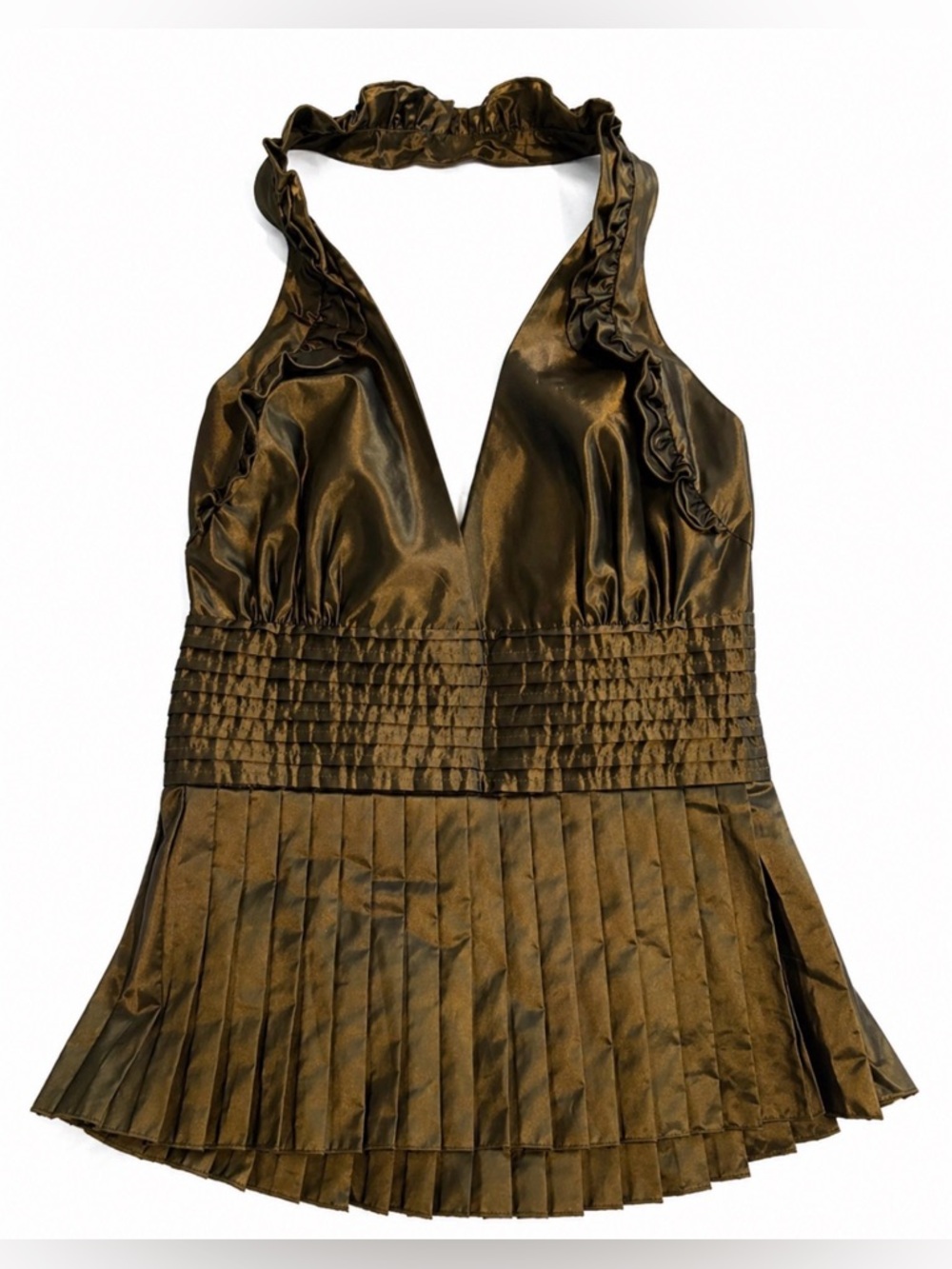 🔥 Bebe Vintage Satin plunge Ruffle Halter Top - green gold Y2K Cocktail Blouse